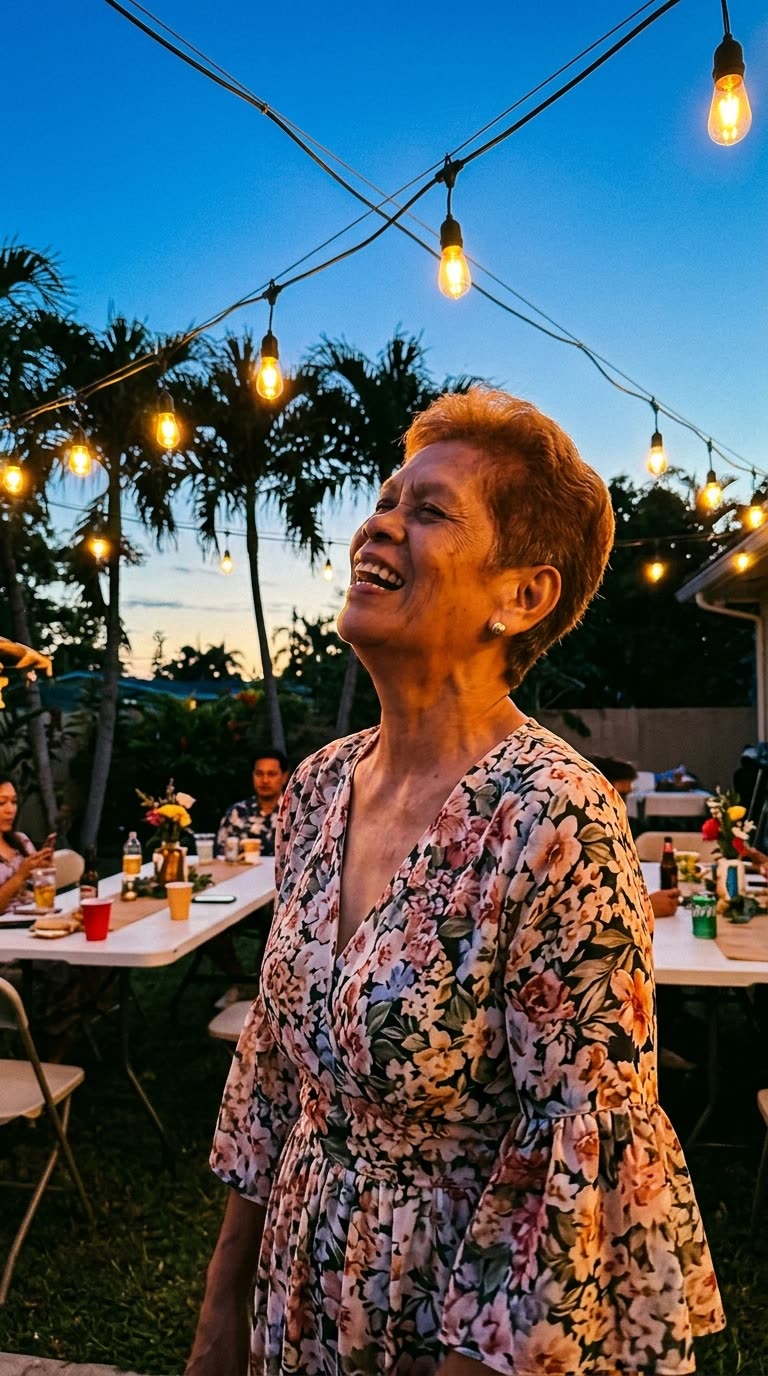 A backyard at blue hour, string lights overhead and a long table set for dinner.