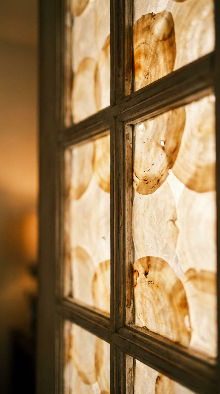 Close-up of capiz shell panes, translucent and warm.