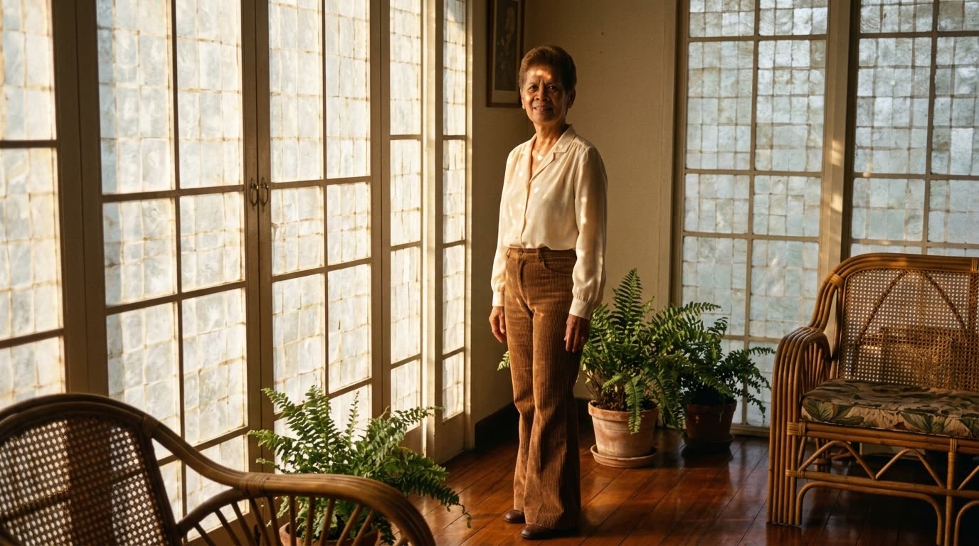 A woman standing at a wall of capiz shell windows, afternoon light coming through.