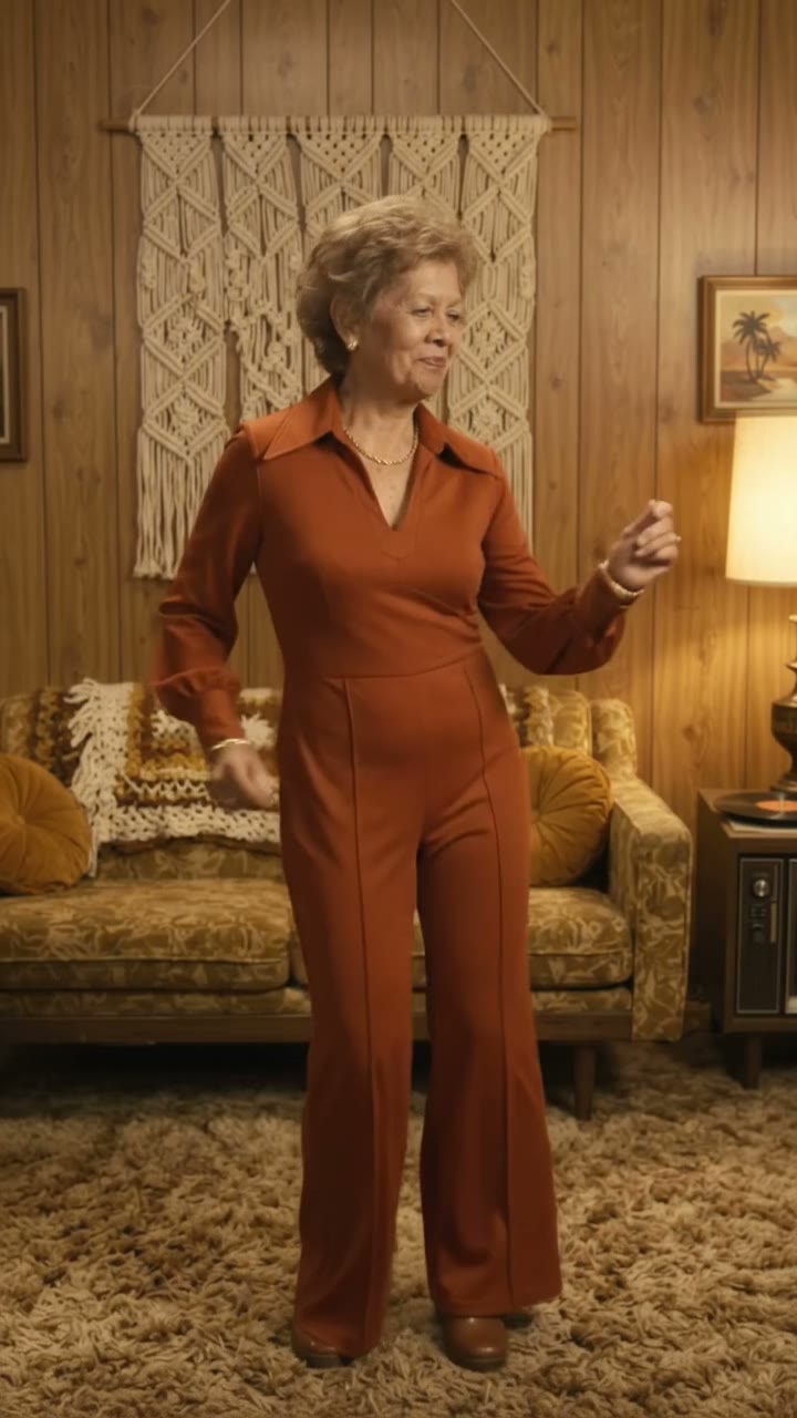 A woman dancing in a living room, arms up, caught mid-turn.