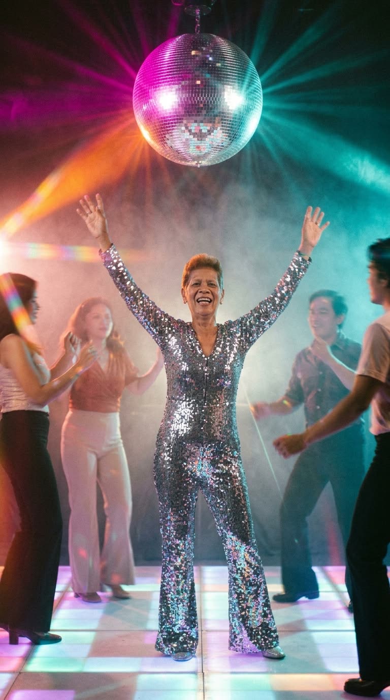 A dancer in a silver sequinned jumpsuit with wide flares, arms raised under a mirrorball.