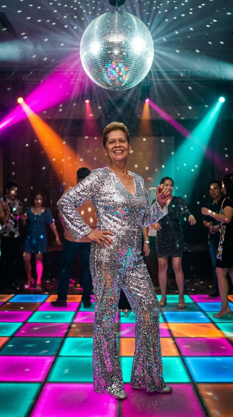 A dancer in a sequinned jumpsuit standing on a lit disco floor.