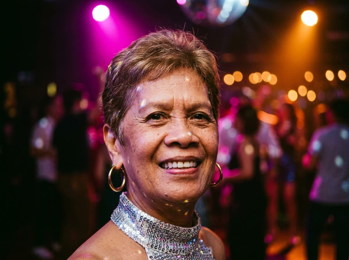 A close-up of a woman smiling under warm disco lighting.