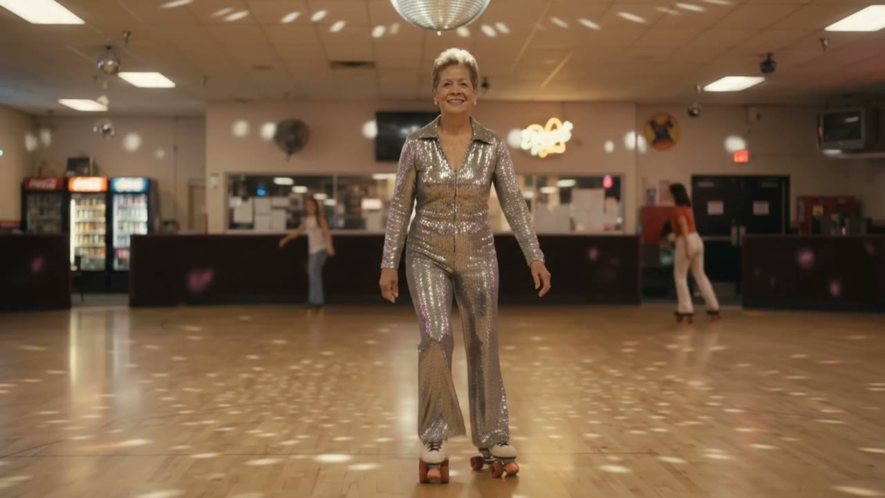 Merla at a roller rink in the 1970s, in a silver sequinned jumpsuit, mid-glide under a mirrorball.