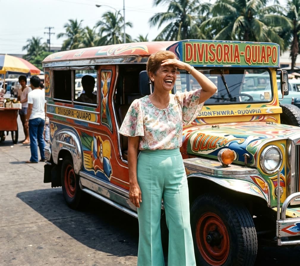 A woman laughing beside a painted Divisoria–Quiapo jeepney on a bright Manila street.