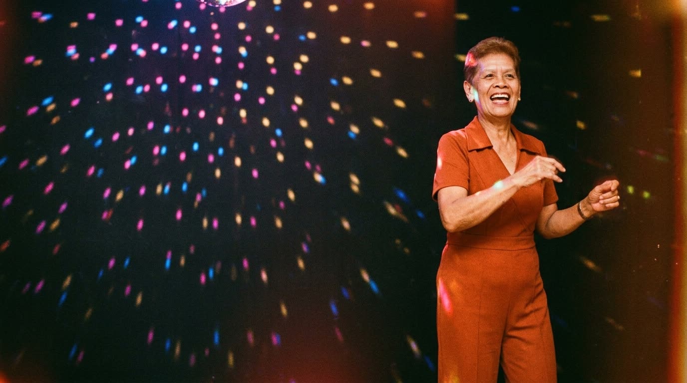 A woman laughing in an orange jumpsuit with wide flares, arms mid-swing.