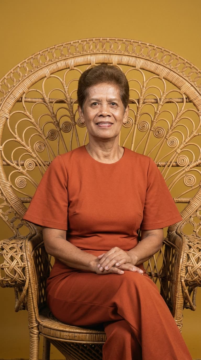 Merla seated in a rattan peacock chair against an ochre wall, hands folded, looking at the camera.