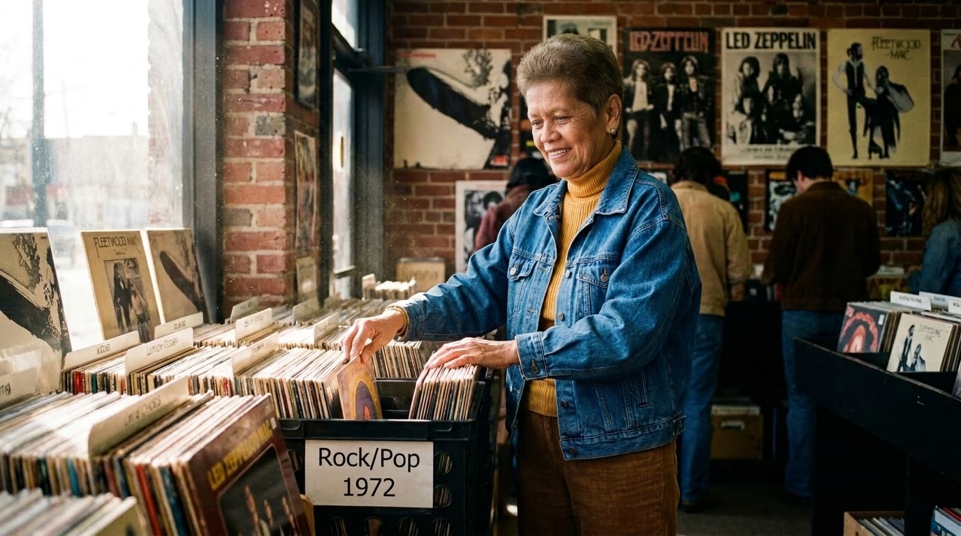 A woman flipping through records in a record shop.