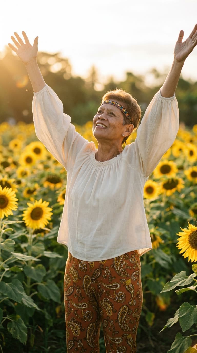 A woman standing in a sunflower field in low golden light.